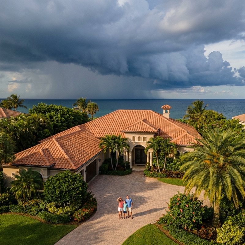 Aerial view of a home with a storm front approaching